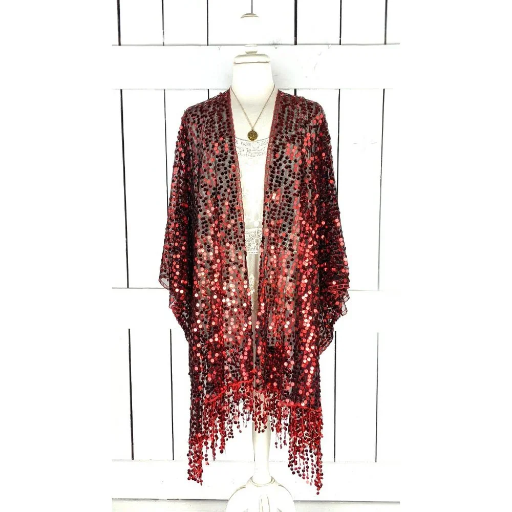 Red black sequin fringe tassel kimono cardigan cover up jacket - Picture 2 of 5
